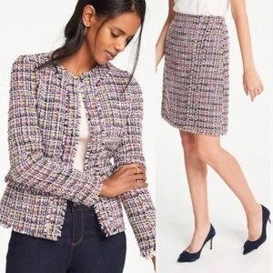 Ann Taylor Petite Tweed Blazer Mini Skirt Suit Set Multi 12P Quiet Luxury Winter